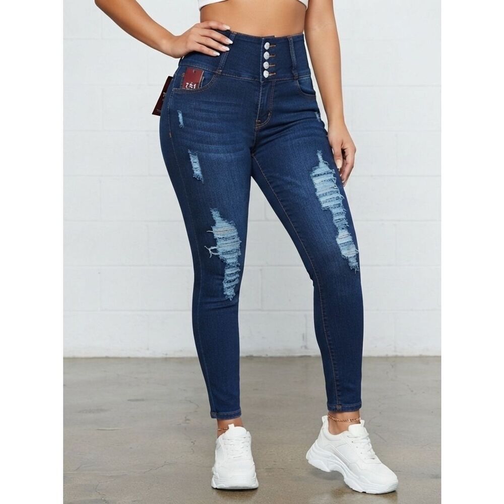 New With Tags High-Rise Distressed Skinny Jeans | Dark Wash |